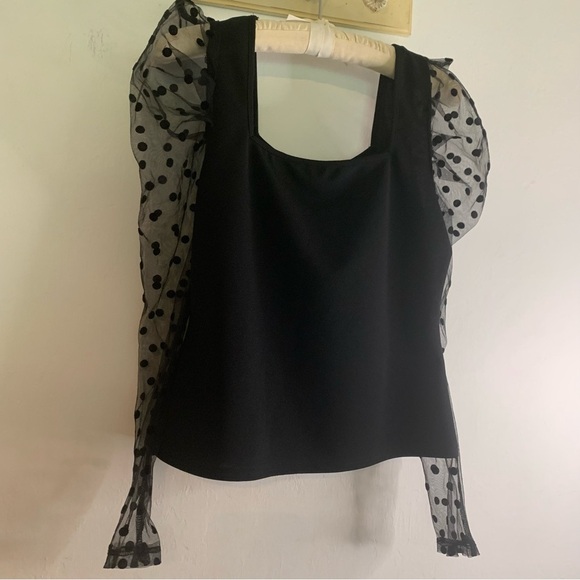 Shein Black Top Embellished Sweater Sheer Polka Dot Puff Long Sleeve Womens Sz L - Picture 13 of 16